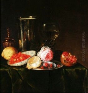 Stilleven met fruit, glas, porselein bord en roos
