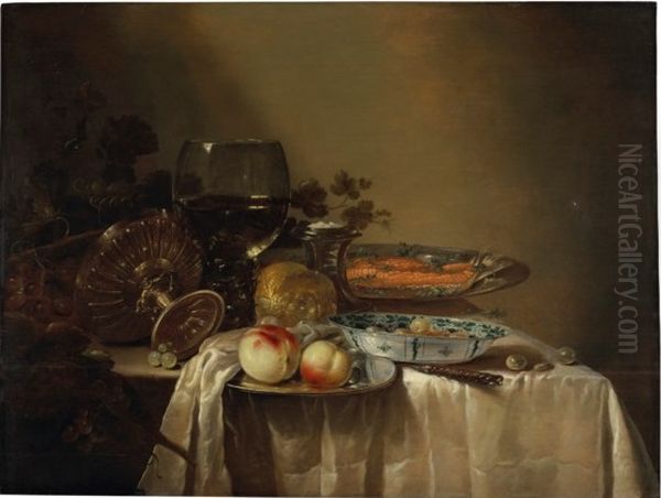 Still life with tazza, rummer, and kraak porcelain holding salmon and fruit - view 1