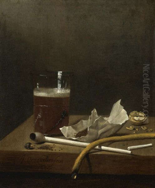 Still life with a glass of beer, a pipe, tobacco and other requisites of smoking - view 1