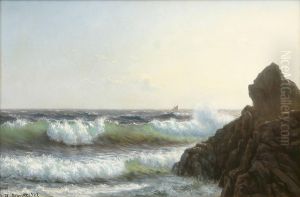 Ship in the surf off a rocky coast. by Johannes Herman Brandt