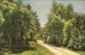 Sunlight on a path in the woods. by Johannes Herman Brandt