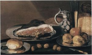 Stilleven met ham, kruik, fluitglas, kaas, noten en een bord met appels en peren by Hans van Essen