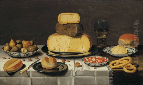 Laid table with cheese, bread, fruit and a roemer - view 1