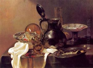 Still life with tin and porcelain tableware by Jan Jansz Den Uyl