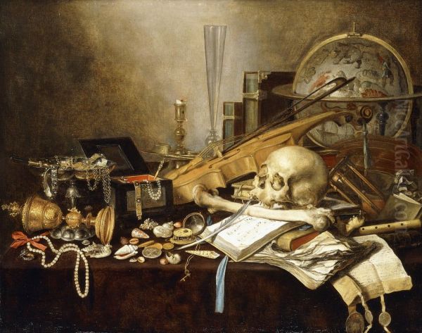 Vanitasstilleven met schedel, wereldbol, schelpen, kettingen en andere attributen - view 1