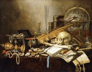 Vanitasstilleven met schedel, wereldbol, schelpen, kettingen en andere attributen by Pieter Claesz