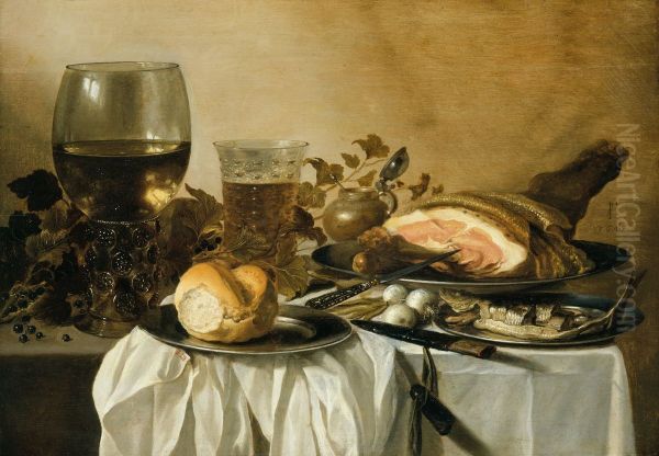 Still-life with ham, red herring and beer - view 1