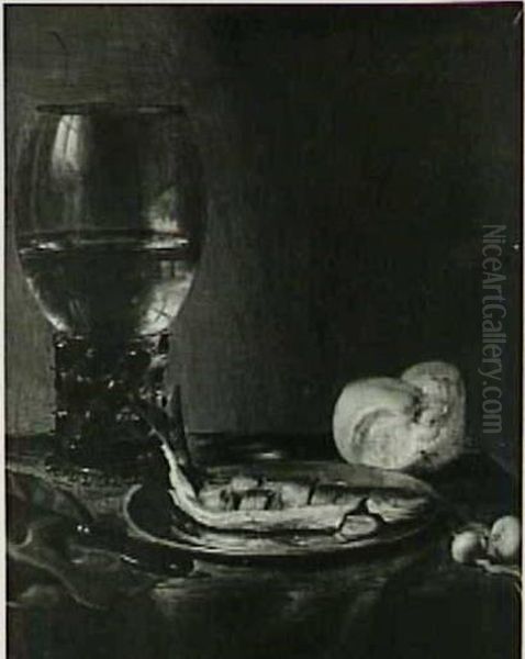 Still life with roemer, bread and herring - view 1