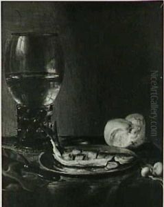 Still life with roemer, bread and herring by Pieter Claesz