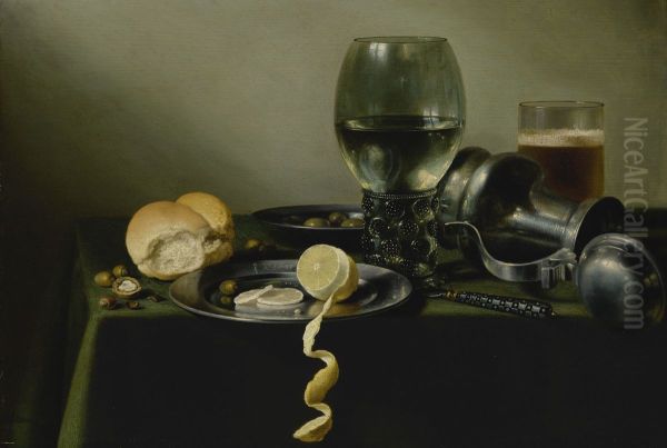 Stilleven met roemer en bierglas, geschilde citroen en brood - view 1