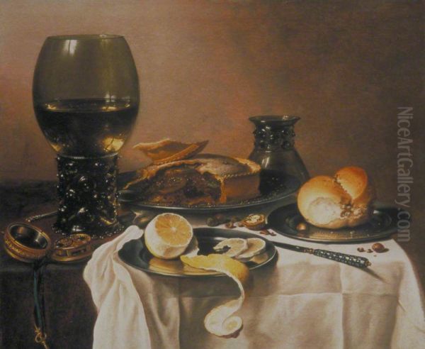 Stilleven met roemer, pastei, brood en geschilde citroen - view 1