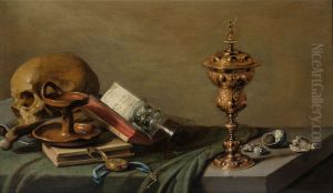 Vanitas with an oil lamp, a pocket watch, an open song book, an overturned roemer, a gilded covered cup and sea shells, all arranged on a table draped with a green cloth by Pieter Claesz