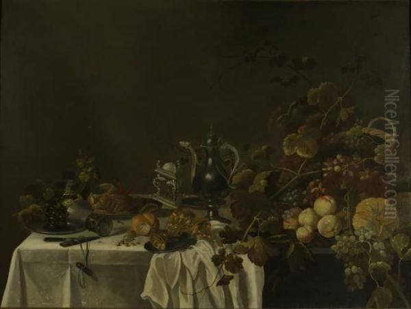 Still life with fruit, pewter pitcher, salt cellar and other tableware - view 1