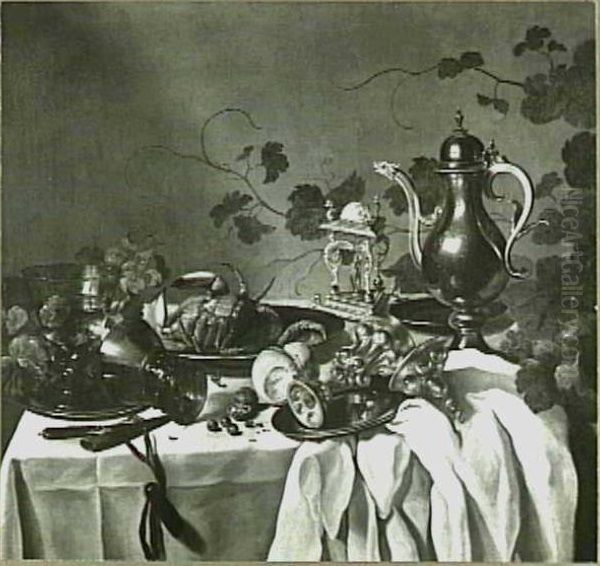 Still life with pewter pitcher, salt cellar and other tableware - view 1