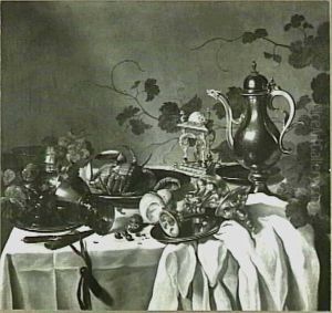 Still life with pewter pitcher, salt cellar and other tableware by Pieter Claesz