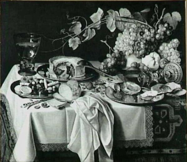 Stilleven met een pastei, druiven, oesters, zoetigheden, brood en twee wijnglazen, waarvan een omgevallen - view 1