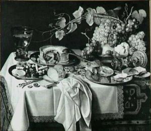 Stilleven met een pastei, druiven, oesters, zoetigheden, brood en twee wijnglazen, waarvan een omgevallen