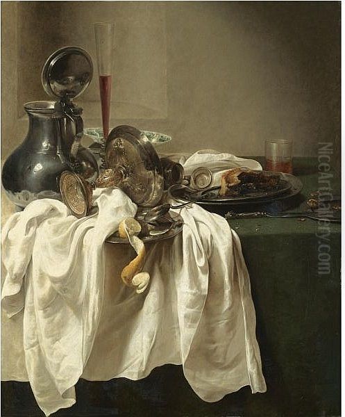 Still life with a pewter jug and an overturned tazza, a porcelain bowl, wine glass, a partly-peeled lemon on a pewter dish - view 1