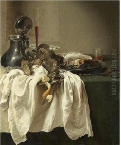 Still life with a pewter jug and an overturned tazza, a porcelain bowl, wine glass, a partly-peeled lemon on a pewter dish by Jan Jansz Den Uyl