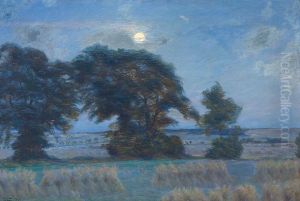 Harvest landscape in the moonlight. by Jens Jensen Egeberg