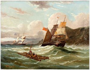Raft and sailing ship near the coast