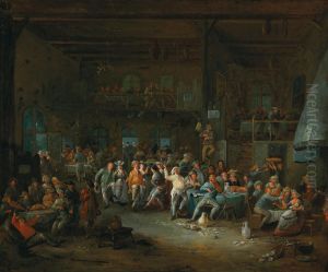 Tavern interior with merry making peasants by Egbert Van Heemskerck