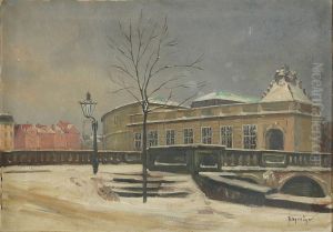View of Slotsholmen with the stables of Christiansborg. by Mogens Ege