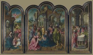 De geboorte (binnenzijde linkerluik), de aanbidding van de Wijzen (middenpaneel), de besnijdenis (binnenzijde rechterluik) by Master of the Antwerp Adoration