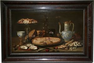 Still life of pie and sweets with stoneware jug