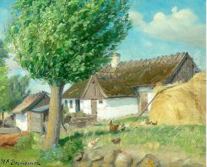 Hens in front of a thatched farmhouse. by H. A. Brendekilde