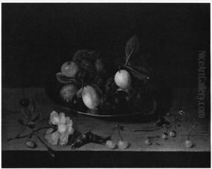 Still life of plums on a table with a rose