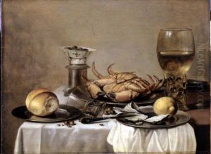 Banketje - Stillleben mit Seekrabbe, weingefulltem Romer, chinesischem Porzellanschalchen mit Oliven auf Salzfass, Zitrone und Brotchen auf Zinntellern by Pieter Claesz