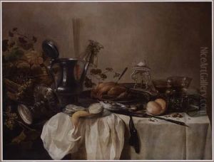 A still life with a silver tazza, a ewer, a goblet, three roemers, a roast fowl, grapes, a bread roll, olives, walnuts and a partly-peeled lemon all arranged on a table partly-draped with a with cloth by Pieter Claesz
