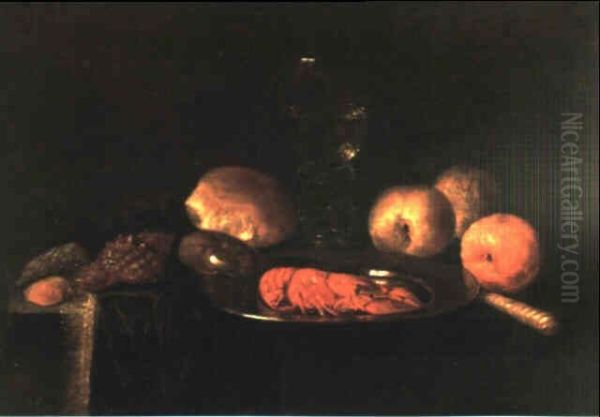 Still life with crayfish on a pewter plate, roemer, bread, shells, and oranges - view 1