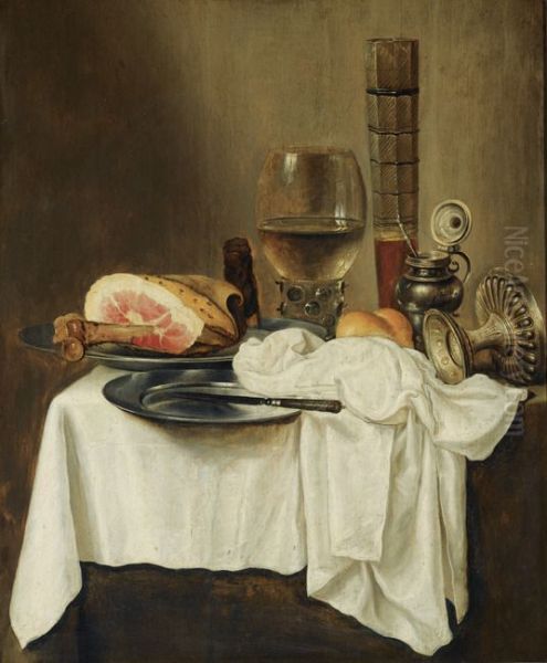 Still life with ham, a wineglass and a tazza on a draped table - view 1