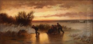 Winter landscape with folk life by Jahn Ekenaes