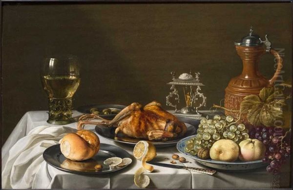 Still life with roemer, roast pheasant, salt-cellar, stoneware Jug, fruits and bread on a white cloth - view 1