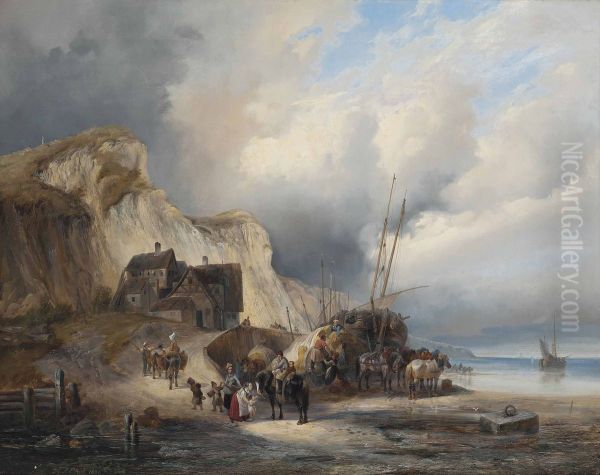 Loading hay on the Normandy coast - view 1