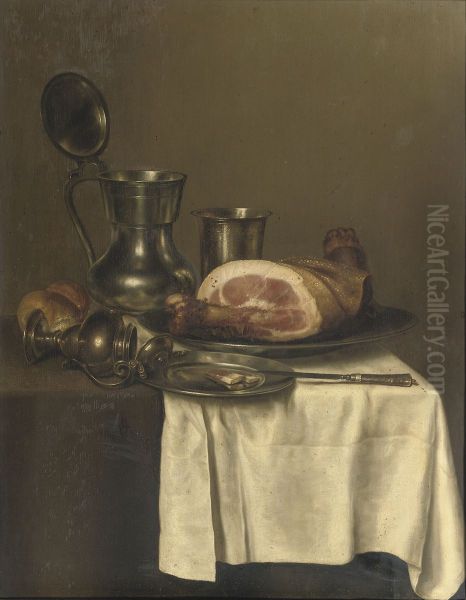 Still life with pewter jug, silver cup, ham on a silver plate, knife on a pewter plate and a roll of bread - view 1