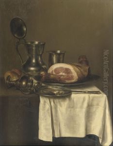 Still life with pewter jug, silver cup, ham on a silver plate, knife on a pewter plate and a roll of bread by Gerret Willemsz Heda
