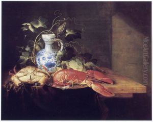 Stilleven met een krab, een kreeft en een Delfts blauwe schenkkan by Laurens Craen