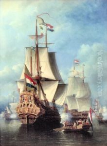 Admiral de Ruyter, Cornelis de Witt and other Admirals go on board of the Dutch  FlagshipZeven Provincienin June 1667. by Everhardus Koster