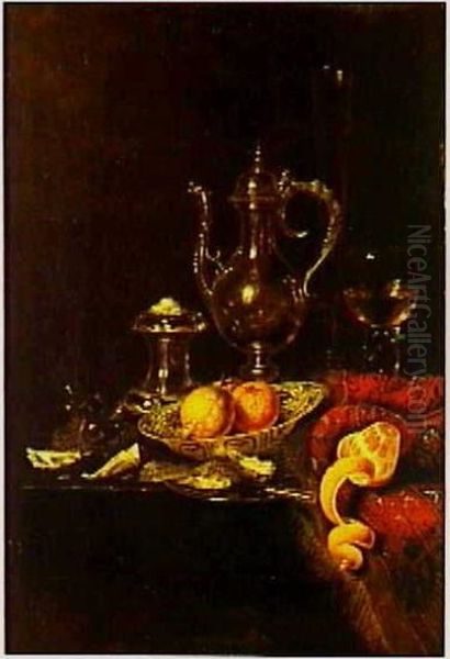 Stilleven met een zilveren schenkkan, porselein, oesters, glaswerk en zoutvat op een tafel met een oosters kleed - view 1