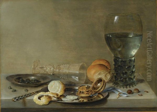 Willem Claesz Heda - Still life of roemer and a facon de Venise glass, lemon, watch and capers on pewter plates, together with knife, bread and hazelnuts - view 1