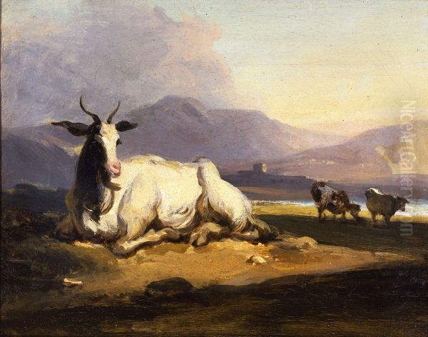A goat sitting in a mountainous river landscape with cattle beyond - view 1