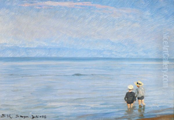 Den bla time, l'heure bleu. Aftenstemning ved Skagen Strand med to soppende born. - view 1