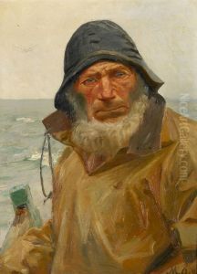 A fisherman in his boat. by Michael Peter Ancher