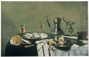 Stilleven met oesters, drinkgerei en metaalgoed by Pieter Van Berendrecht