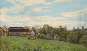 Landscape with a farm and a mill on a hill. by Godfred B.W. Christensen