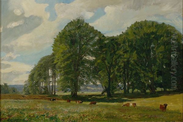 A landscape with cows and tall trees. - view 1